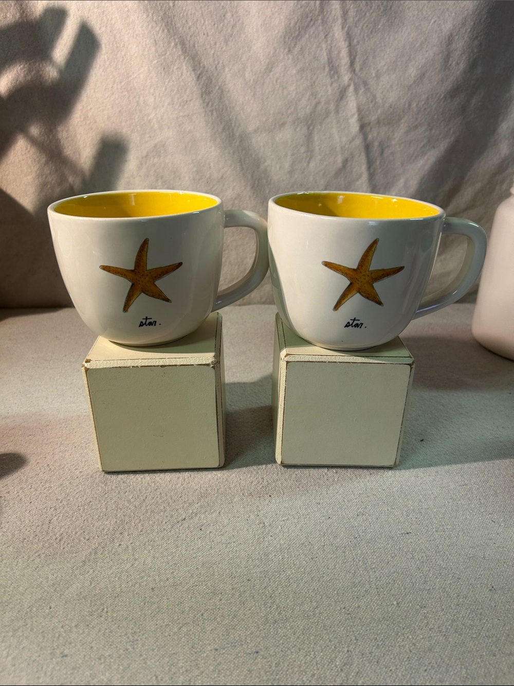 Rae Dunn White Mugs with Yellow Interior and Starfish Design (Set of 2)